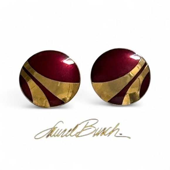 Vintage Laurel Burch Enamel Stud Earrings Burgundy Gold Abstract Design 25$